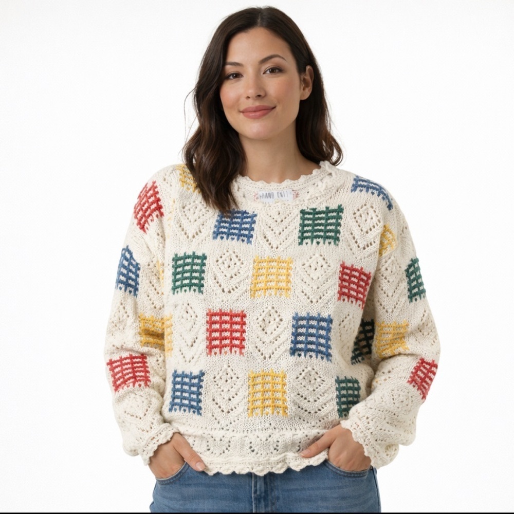 The Limited Sweater Handknit Vintage Multicolor Squares Crochet small petite